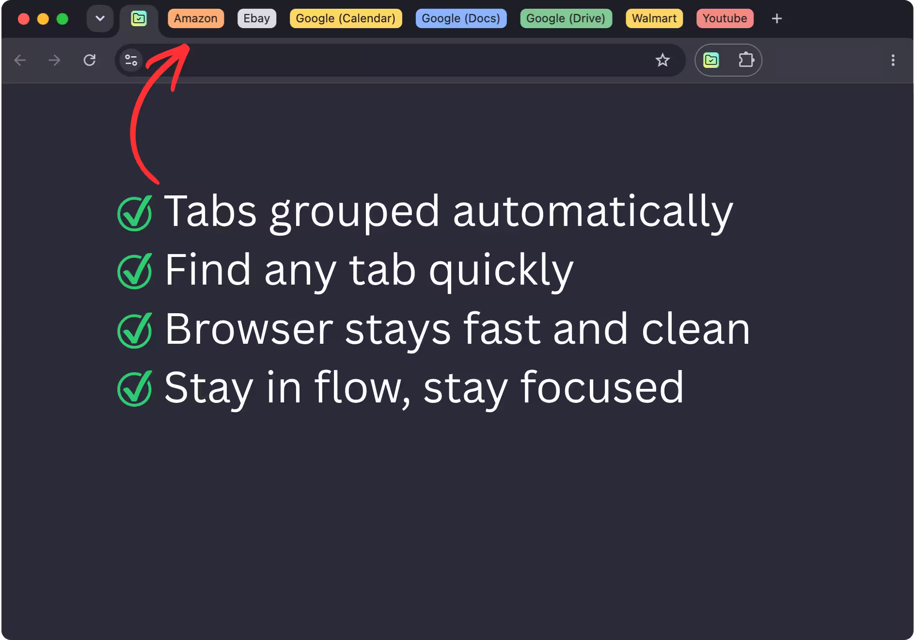 Browser with neatly organized tab groups