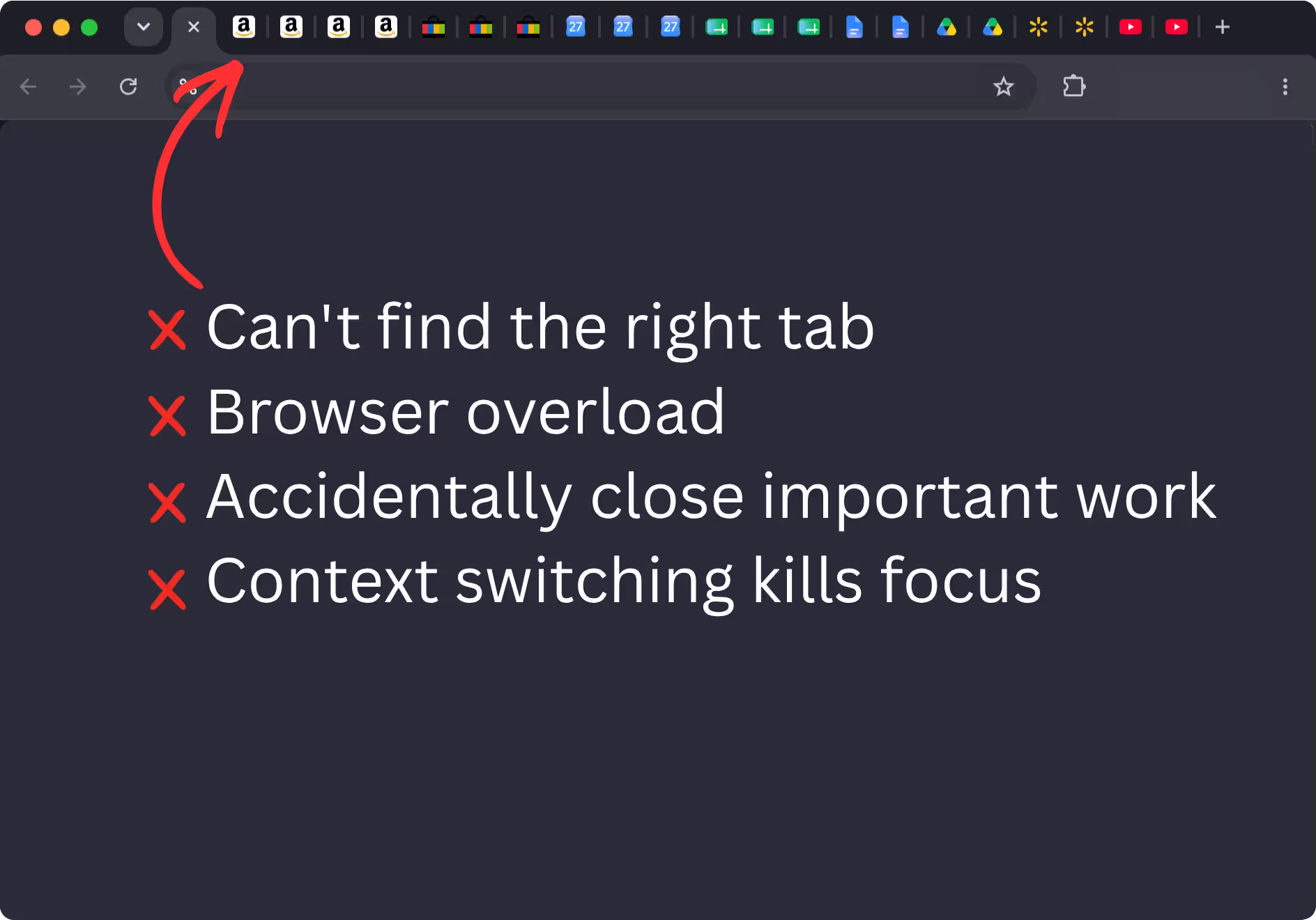 Browser with dozens of unorganized tabs